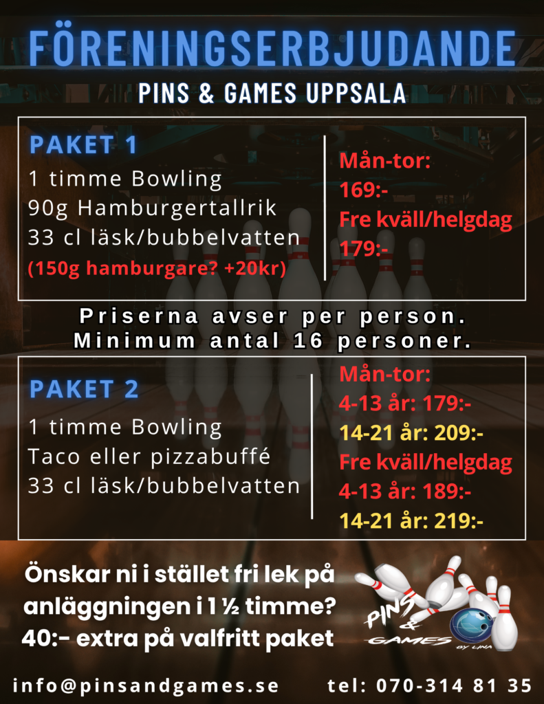 Föreningserbjudande bowling Uppsala Pins and Games