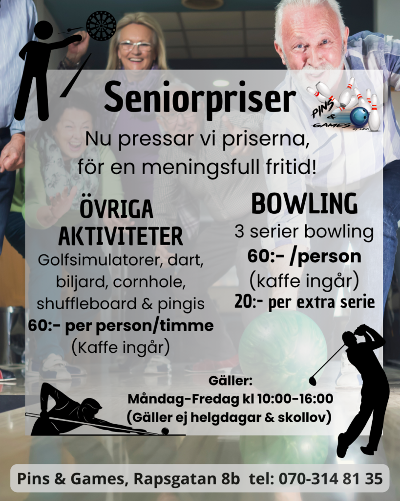 Seniorbowling och aktiviteter för seniorer hos Pins and Games i Uppsala