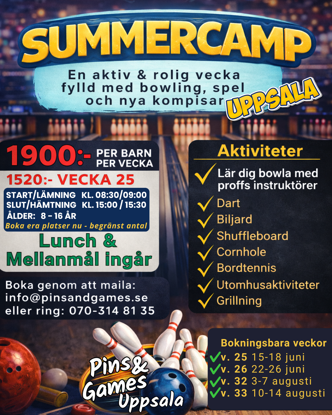 Summercamp, sommarläger i Uppsala med bowling, spel och aktiviteter för barn 8–16 år.