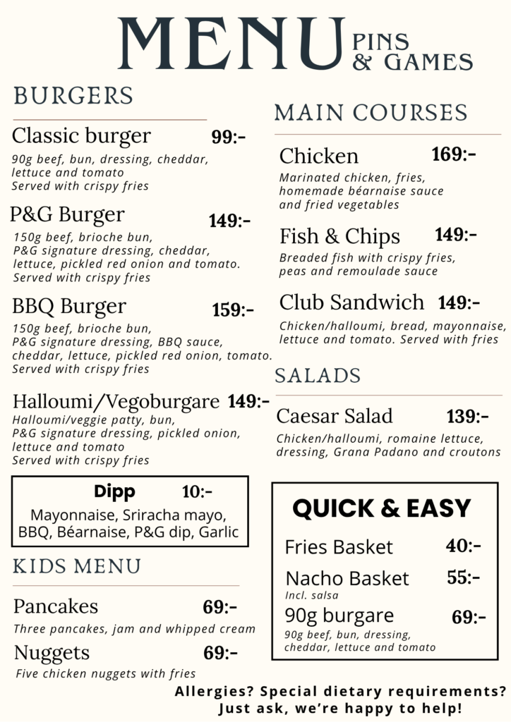 Menu Pins & Games Uppsala – burgers, main courses, salads and kids menu