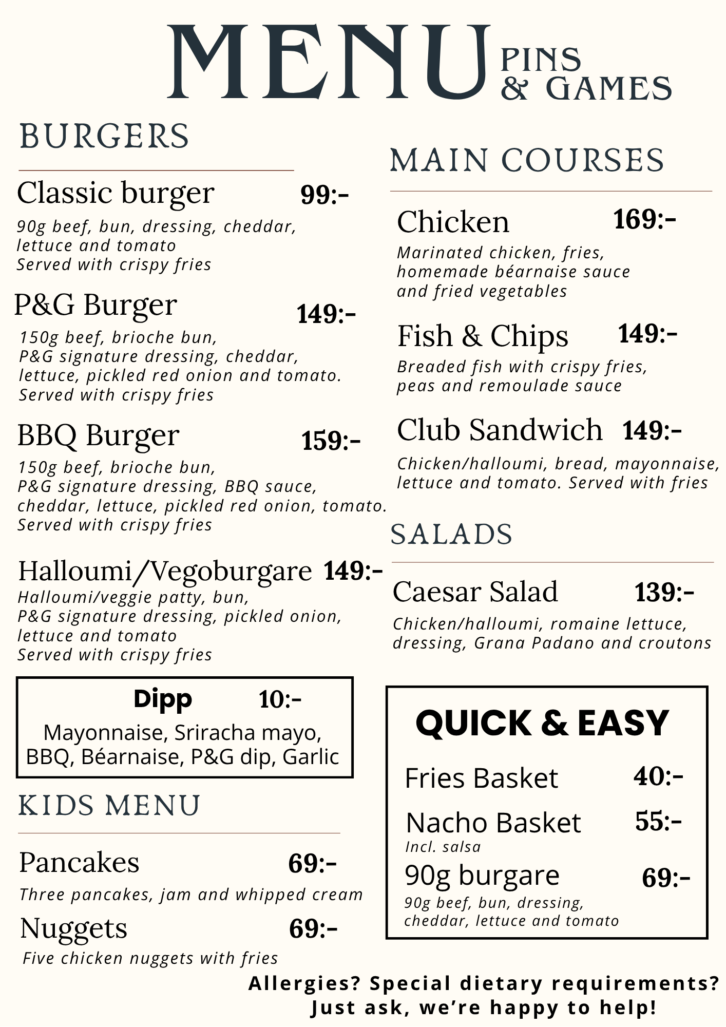 Menu Pins & Games Uppsala – burgers, main courses, salads and kids menu