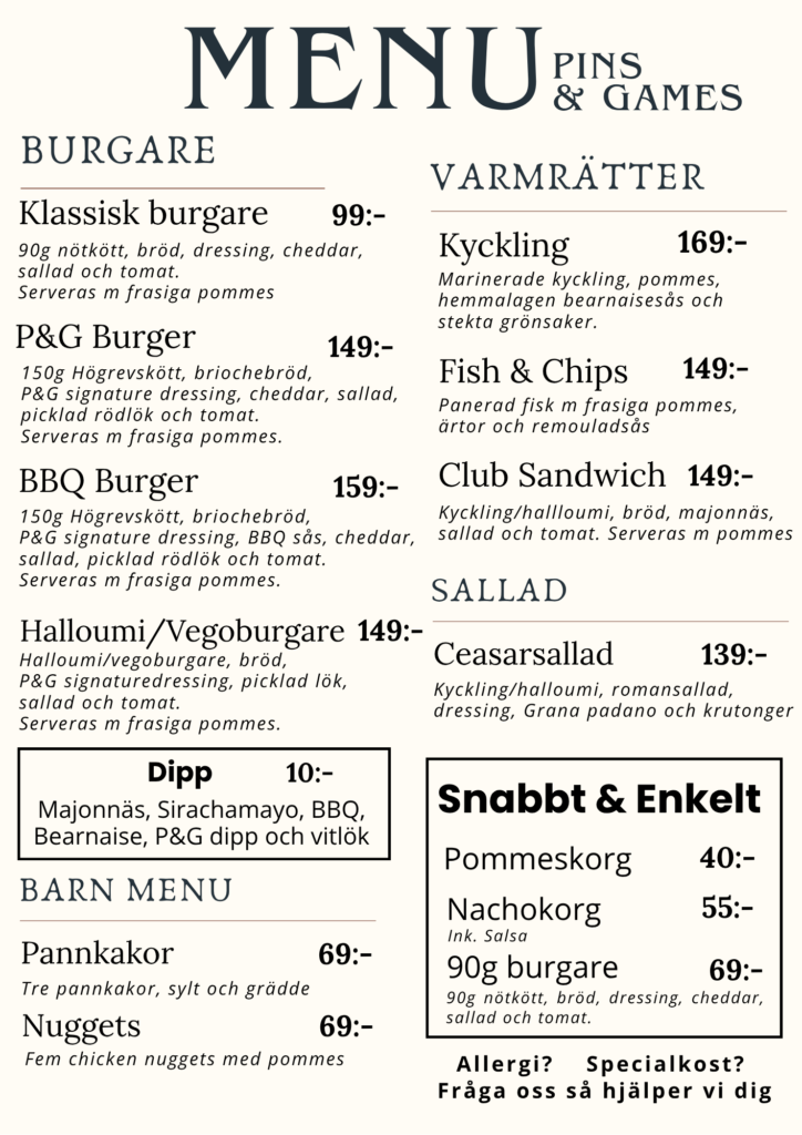 Meny Pins & Games Uppsala – burgare, varmrätter, sallader och barnmeny