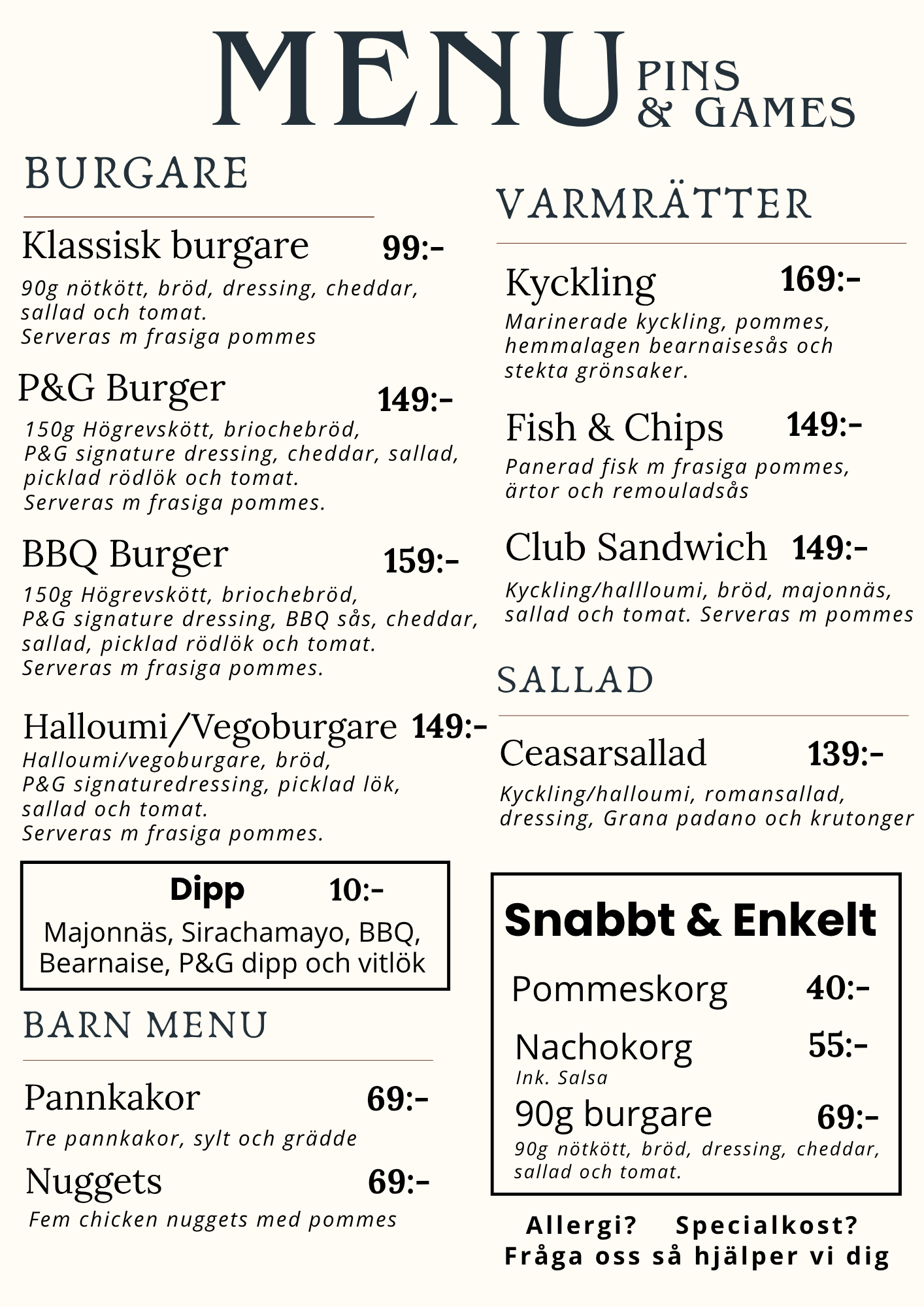 Meny Pins & Games Uppsala – burgare, varmrätter, sallader och barnmeny