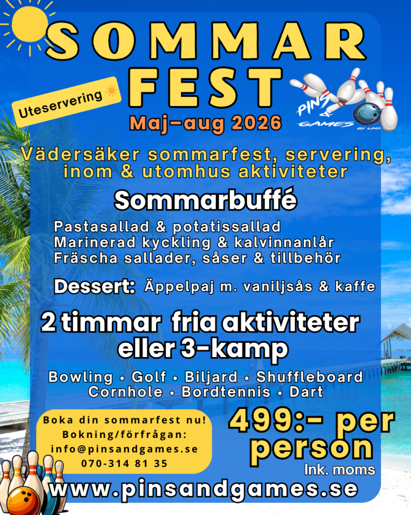 Sommarfest i Uppsala med buffé och aktiviteter på Pins & Games – bowling, shuffleboard, golf och 3-kamp