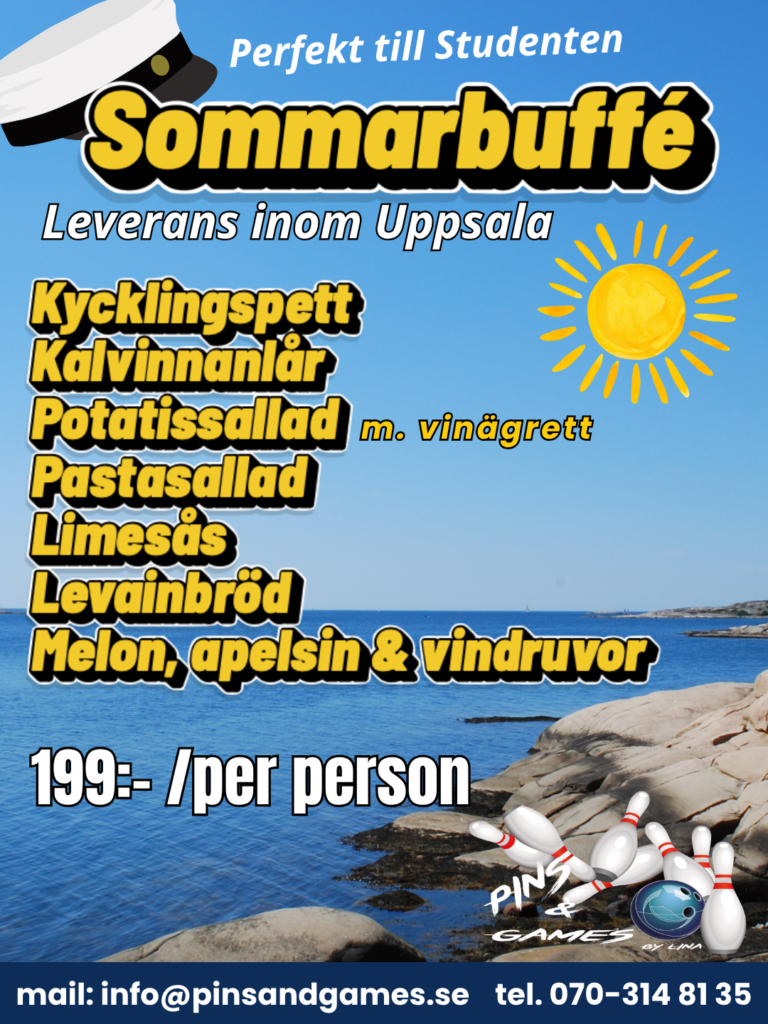 Sommarbuffé och studentcatering i Uppsala från Pins & Games med kycklingspett, kalvinnanlår och potatissallad.